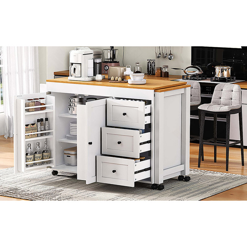 74.8" Kitchen Island With Extendable Dining Table, Kitchen Storage Cart With 3 Drawers, Power Outlet, Rolling Kitchen Island On Wheels With Spice Rack And 2 Door Cabinet