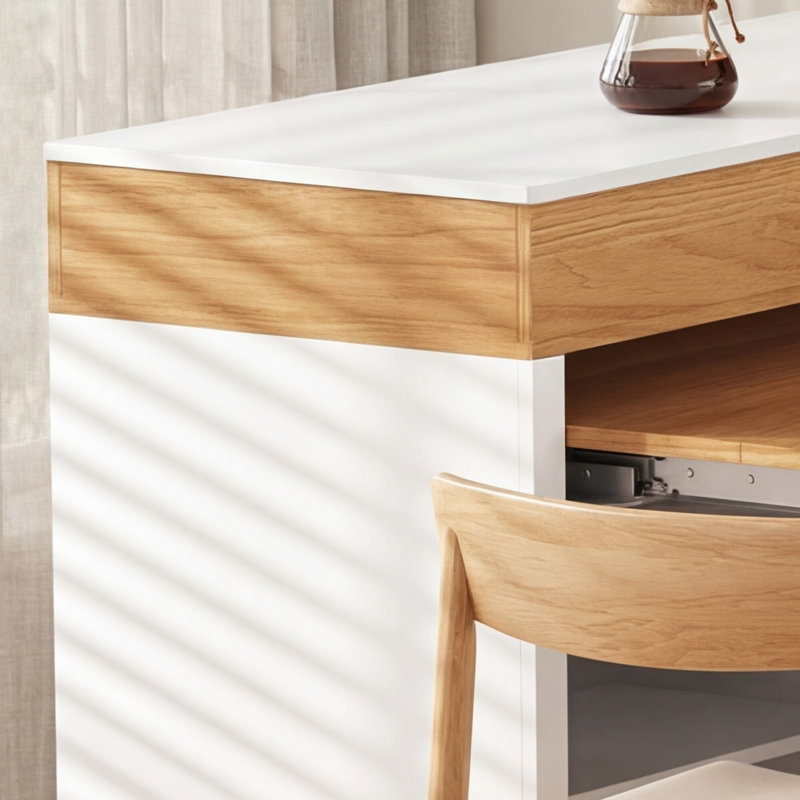 Ensemble de cuisine et de salle à manger multifonctionnel de couleur naturelle et blanc cassé, avec plateau de table extensible extra-long, tiroirs, douilles, roues de frein et îlot mobile qui sert également de rangement.