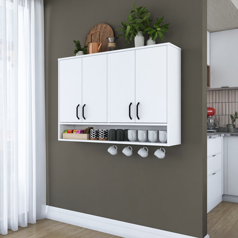 Armoire de cuisine flottante moderne à 2 portes avec tablette ouverte et crochets à tasse en forme de S