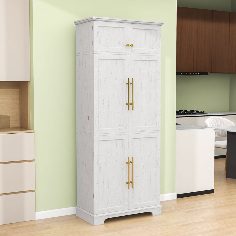 Armoire garde-manger haute avec tiroir caché, porte-bouteilles, tablettes réglables et portes, Blanc rétro