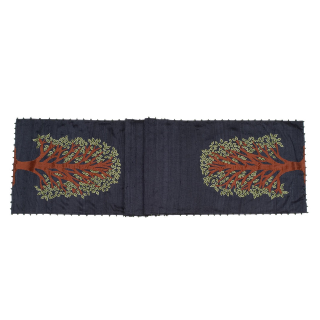 Silk Table Runner with Tree of Life Embroidery and Hand Beading - 18x72" Arcadia Home 