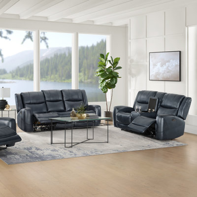 Lark Manor Cynita Leather Power Recling Sofa and Loveseat, Chesapeake Blue