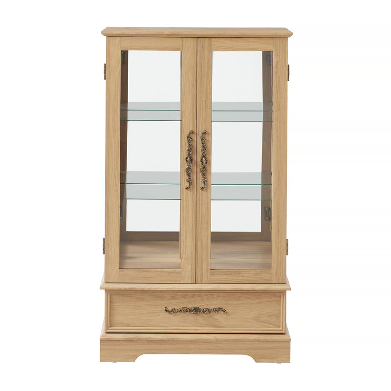 Vitrine lumineuse en verre avec tablettes réglables - 2 portes, 1 tiroir, lumières DEL, finition chêne clair élégant