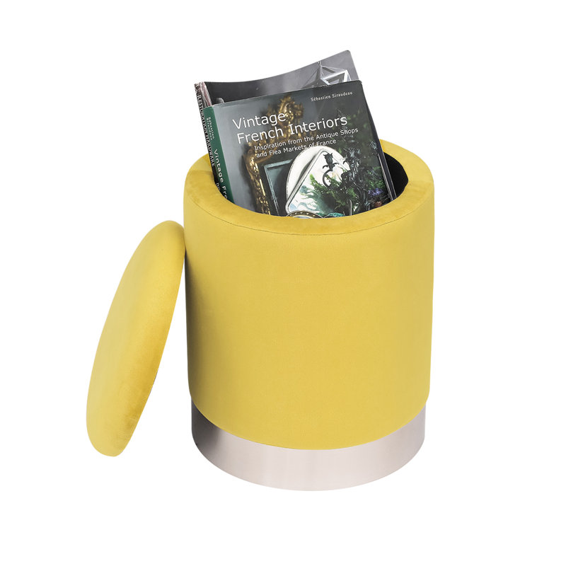 Tabouret de rangement rond, Velours jaune, Argent