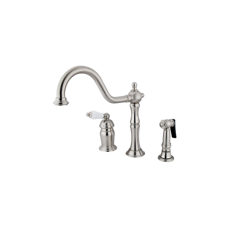 Kingston Brass Heritage Single-Handle 3-Hole Widespread Kitchen Faucet with Brass Sprayer, Brushed Nickel
