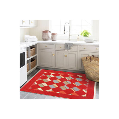 Machine Washable Red Geometric Rectangle Modern Decorative Rug