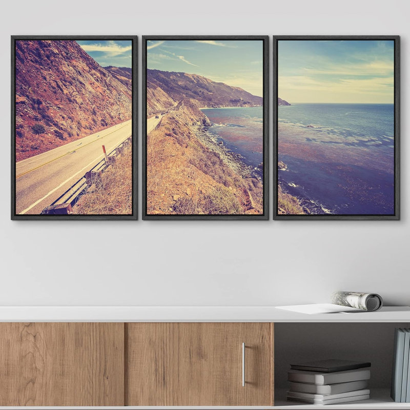 " Vintage Retro Toned Scenic Pacific Coast Highway, California, USA " 3 - Pieces, 24" H x 16" W, Black Floater Framed