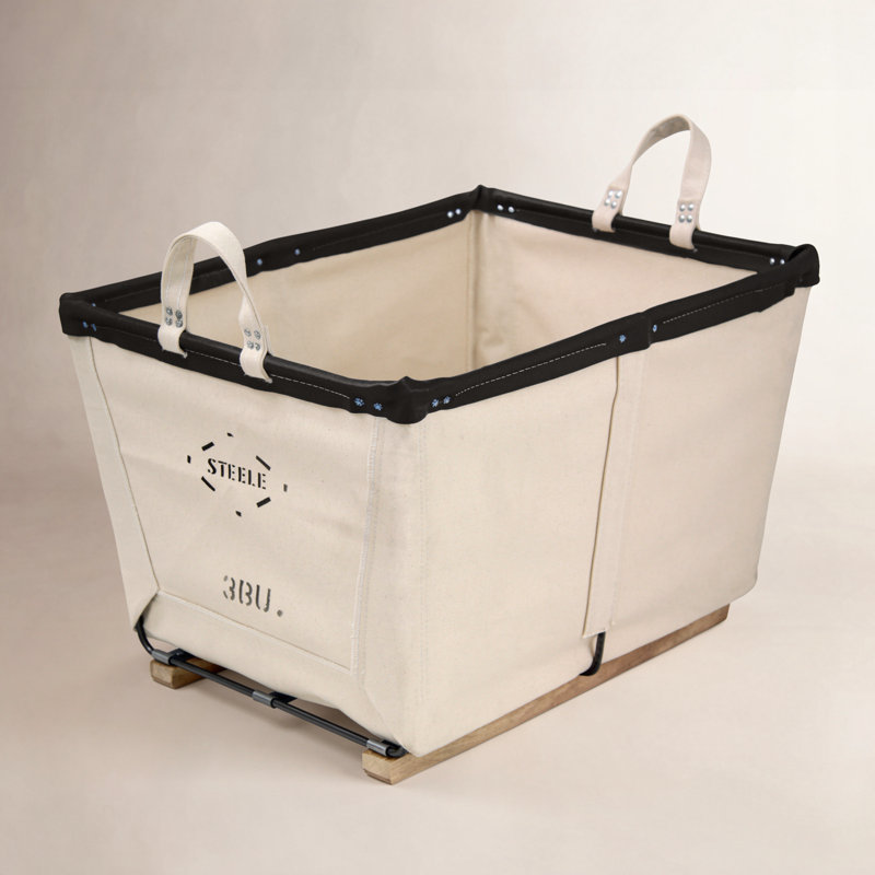 Laundry Basket with Handles, Black Leather, Wood Runners