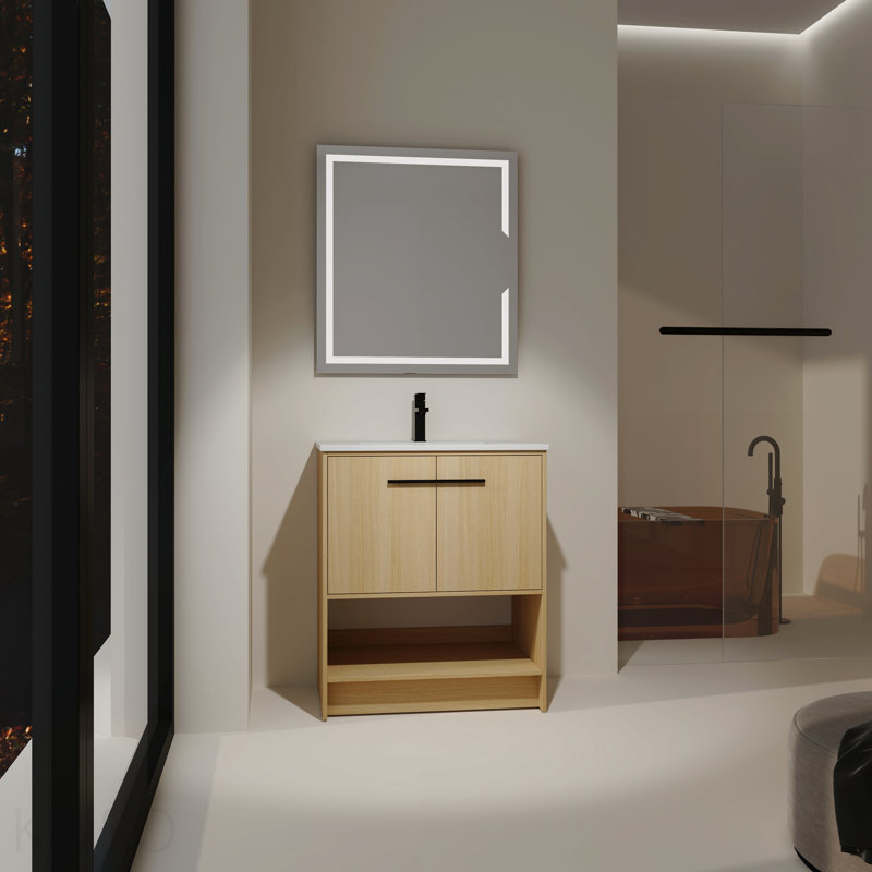 30" Bathroom Vanity With Ceramic Sink, 2 Soft Closing Doors, Freestanding Bathroom Cabinet Vanity, Plywood, Oak