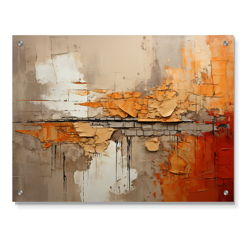 Orange Impressions I - art mural abstrait en acrylique, H 12 po x l 20 po