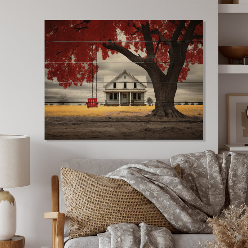 Beryle Farmhouse - Harmonie rouge et grise III sur bois, H 10 po x l 20 po x P 0,78 po