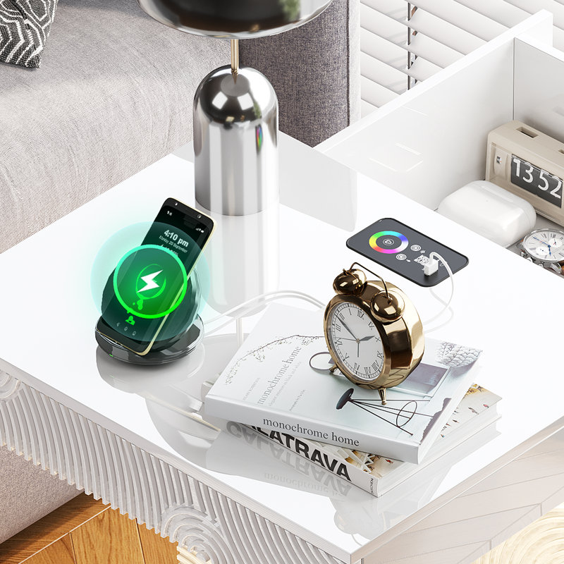 Modern Led Nightstand With Motion Sensor, App-controlled Rgb Lights & 2 Drawers - Textured Bedside Table, White
