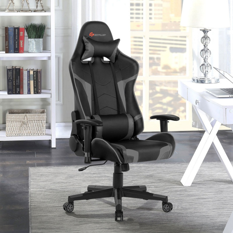 Fauteuil de jeu de massage inclinable et pivotant avec support lombaire, gris, Grey Faux Leather, Grey