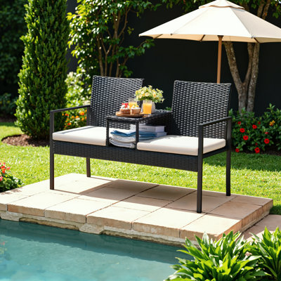 Patio Loveseat Outdoor Wicker Furniture Conversation Set with Soft Cushions & Built-in Coffee Table for Lawn Garden Backyard