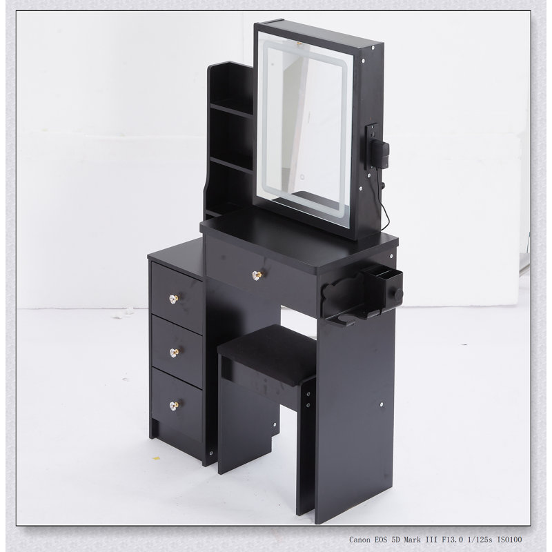 Ensemble de coiffeuse compacte avec miroir à DEL, centrale électrique et support pour sèche-cheveux pour les petites chambres