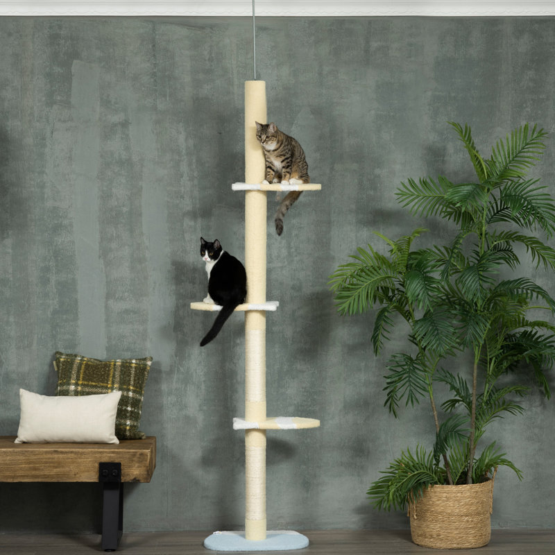 Cat Lusty Tower, du sol au plafond, 87 - 103 pouces réglables, plateformes, poteaux à griffer, jaune pour chats d'intérieur 4 hauts animés,