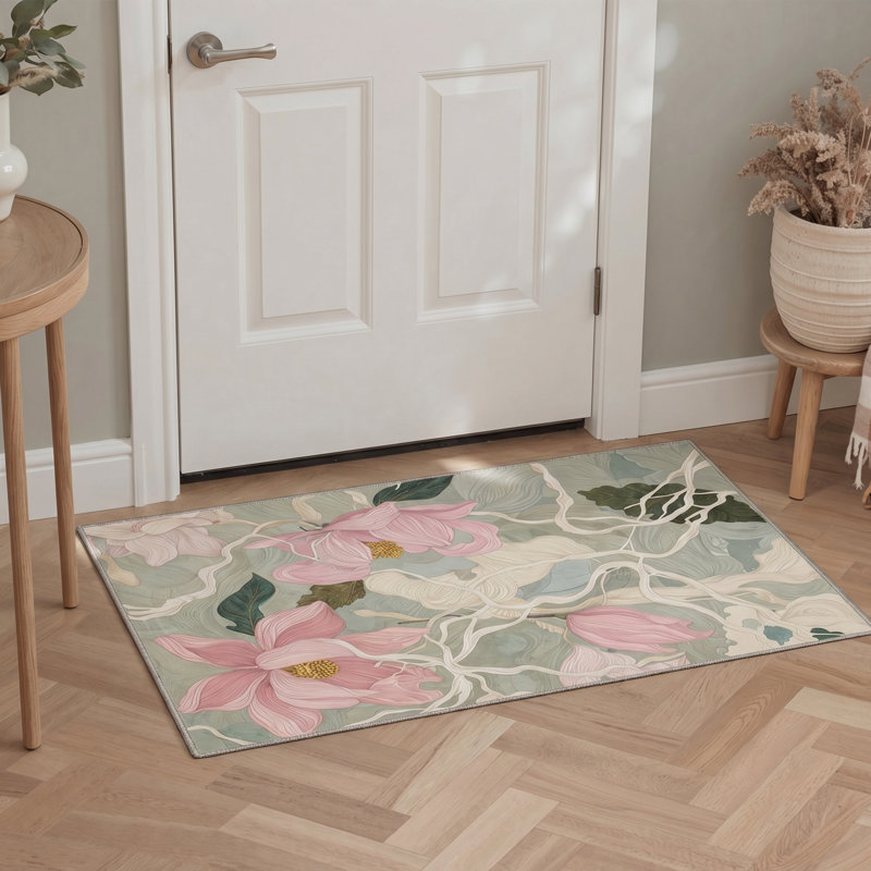 Tapis d'intérieur vert / beige / rose à motif floral lavable à la machine avec envers antidérapant Magnolia