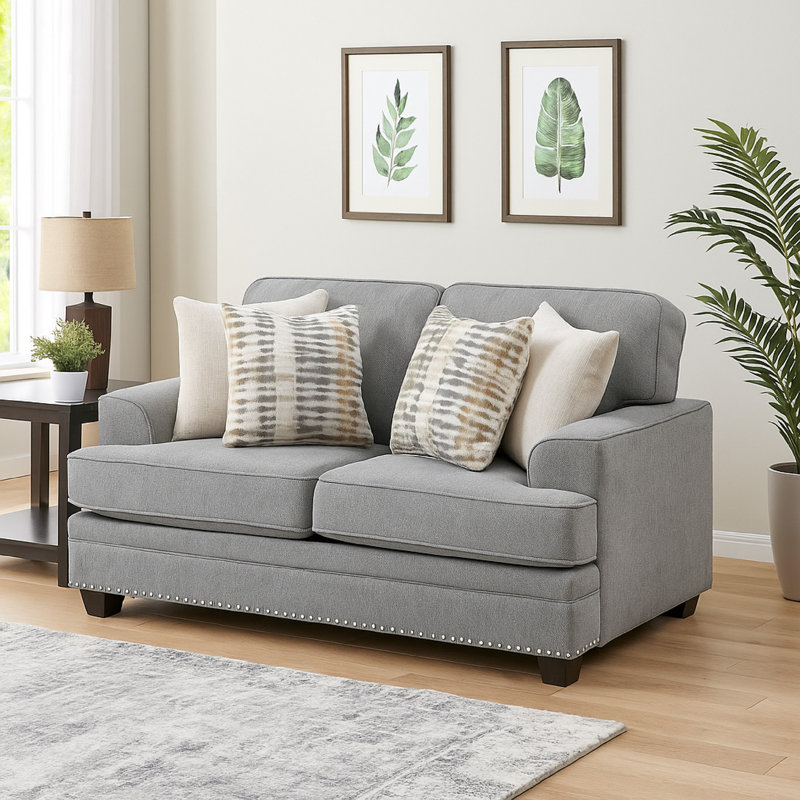 Causeuse avec 4 coussins Brady, chenille, cloutée, 66 po, Gris