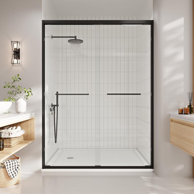 Frameless Glass Shower Door 56-60" W × 75" H, Sliding Glass Shower Door with 5/16" (8mm) Clear Sgcc Tempered Glass, Noiseless Frameless Shower Door with Stainless Steel Handle and Seal Strip