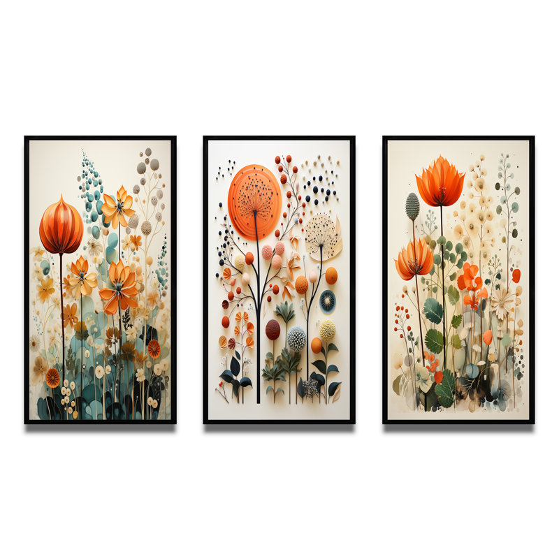 3 pièces sur toile - Botanicals Mid-Century colorés Mid-Century, Cadre flottant noir, H 40 po x l 60 po