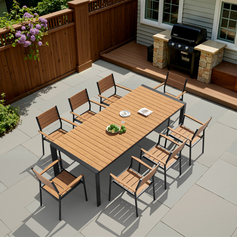 8 - Person 95'' W X 40'' D Aluminum Patio Dining Set With Stackable Armchairs And Umbrella Hole, Brown