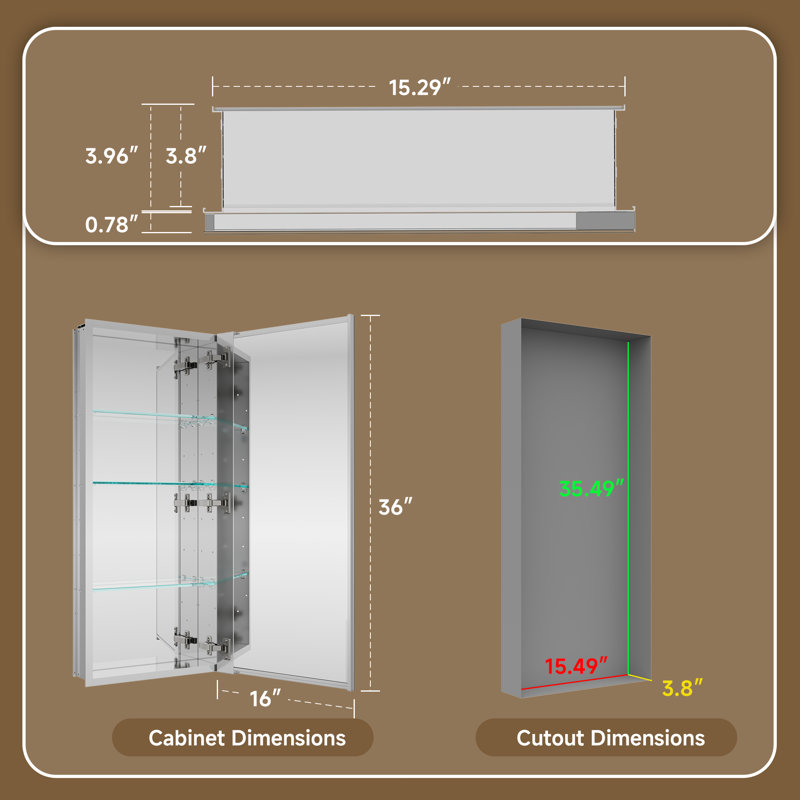16 po X P 36 po Pharmacie rectangulaire en H avec miroir, fixation encastrée ou en surface, tablettes réglables en verre trempé, rangement grande capacité, porte réversible