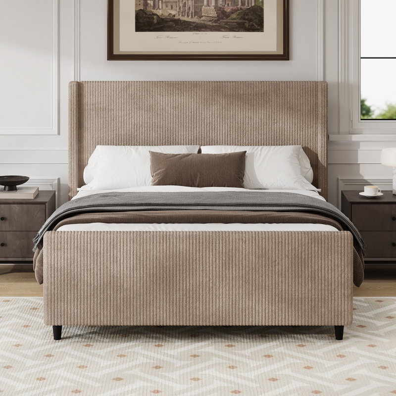 Structure de lit tapissier en velours côtelé avec tête de lit haute, Taupe, Très grand lit