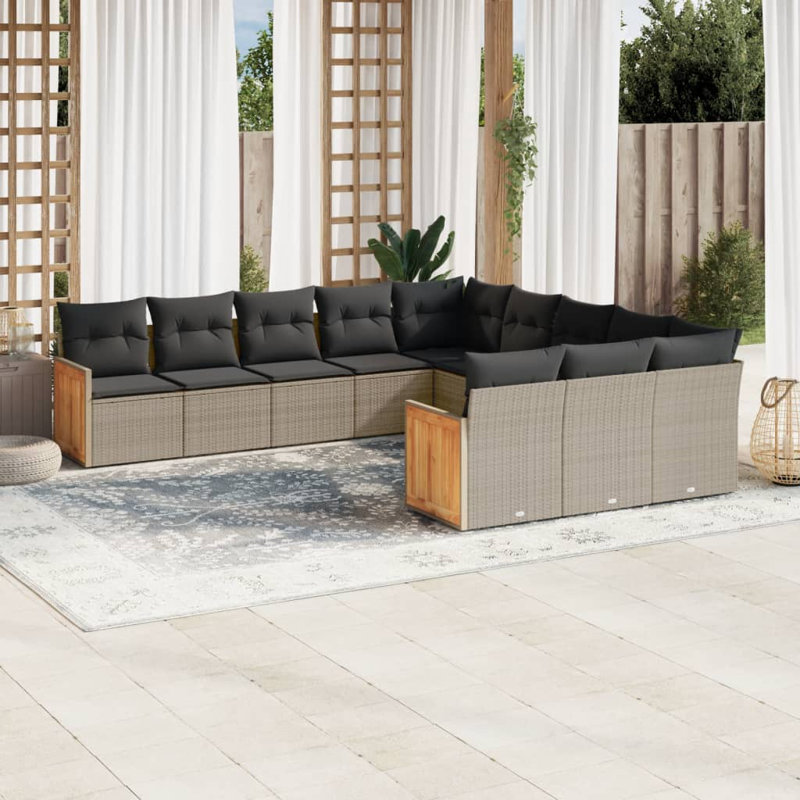  Ensemble de canapé de jardin en rotin PE gris, acier, grand bois d'acacia
