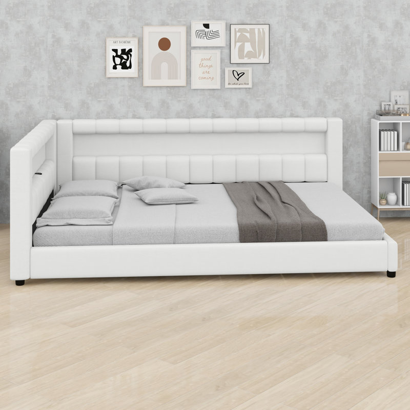 Modern Upholstered Platform Bed Featuring USB Ports and LED Belt, Double XL, White