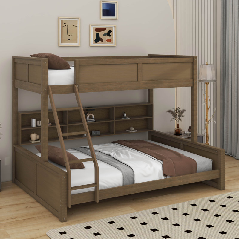 Lit superposé avec armoires de rangement et ports USB, Simple TG sur grand, Bois antique