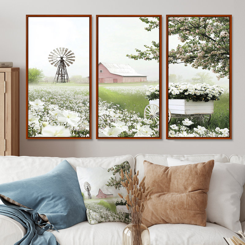 «Floral Farm Cart At The Barn II» - ensemble d'art mural grange, Toile avec cadre flottant brun, H 40 po x l 60 po x P 1 po