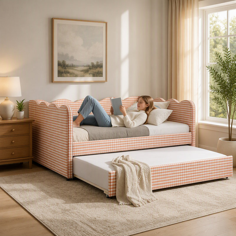 Lit de jour en vichy douillet avec couchette, sans sommier, port USB et conception adorable en forme de vague, tissu en lin