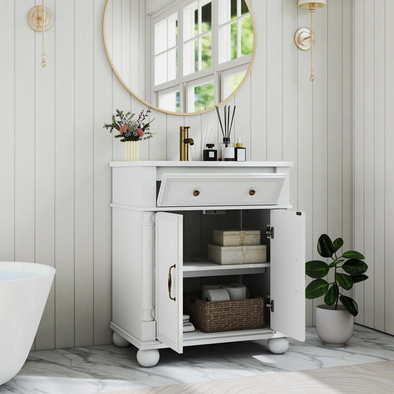 Meuble-lavabo de style campagne Mid-Century avec rangement et base en bois massif, Blanc