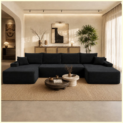 126" Cloud Sectional Sofa with U-Shape Chaise and Side Pockets and Cup holder , Modern Modular Design, Deep Seating, Upholstered Couch for Living Room/Bedroom, No Assembly Required Required (Corduroy)Black
