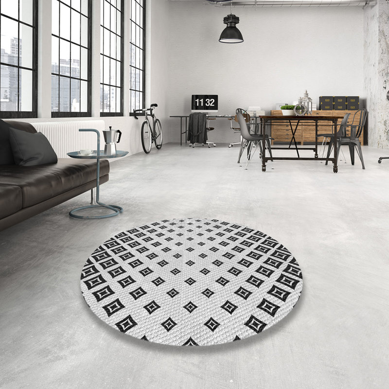 Tapis noir/blanc à motifs, Rond 8 pi