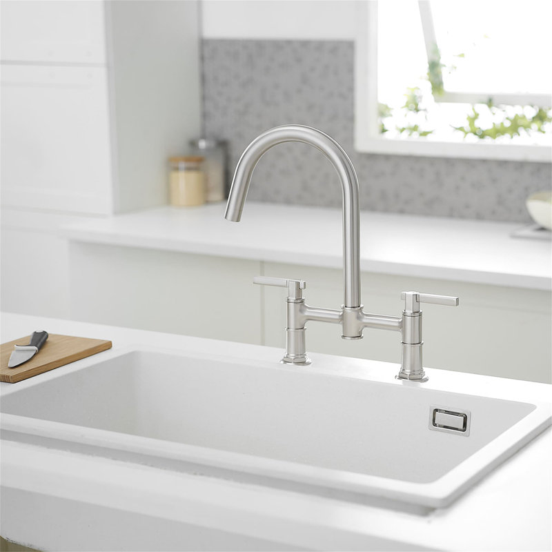 Robinet de cuisine pont avec bec rotatif et évier 2 trous pour robinet de cuisine en laiton, Nickel brossé