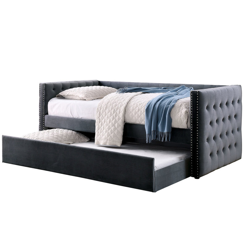 Transitional Gray Daybed With Trundle, Button - Padded Flannelette Upholstery And Nailhead Trim Design, Slat Kit Offered Finish Style Tufting, Inspired Included
