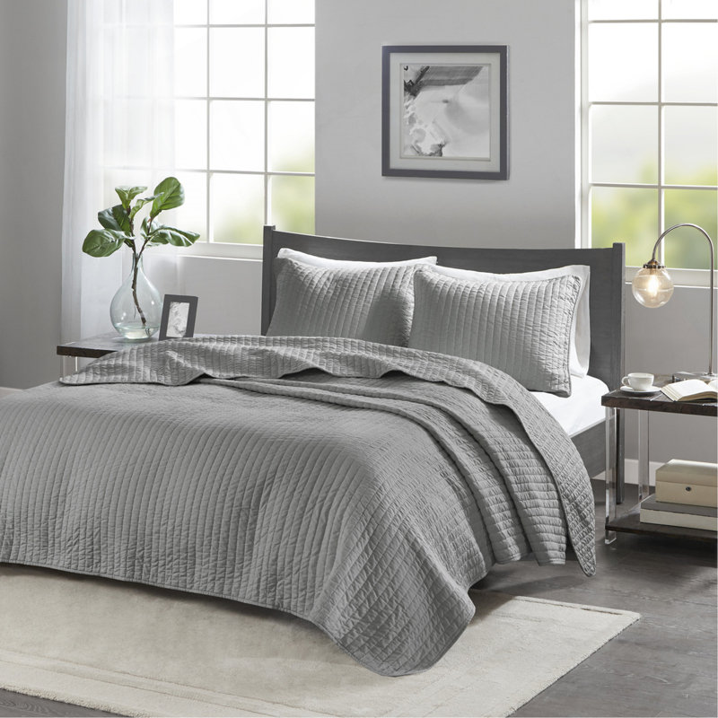 3 Piece Quilt Set Grey Full/Queen, Queen Coverlet + 2 Shams, Gray