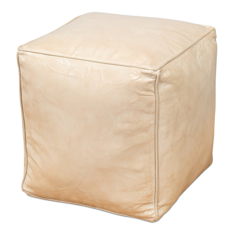 Square Ottoman, Beige Genuine Leather