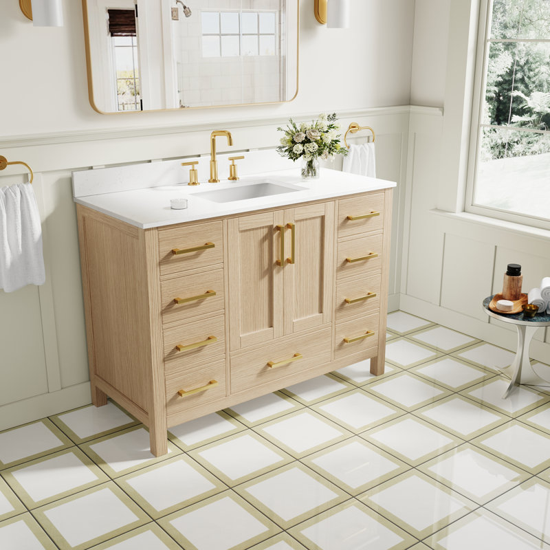Freestanding 48" W x 35" H Solid Wood Bathroom Vanity With Carrara White Cultured Marble Countertop And Ceramic Single Sink,Oak