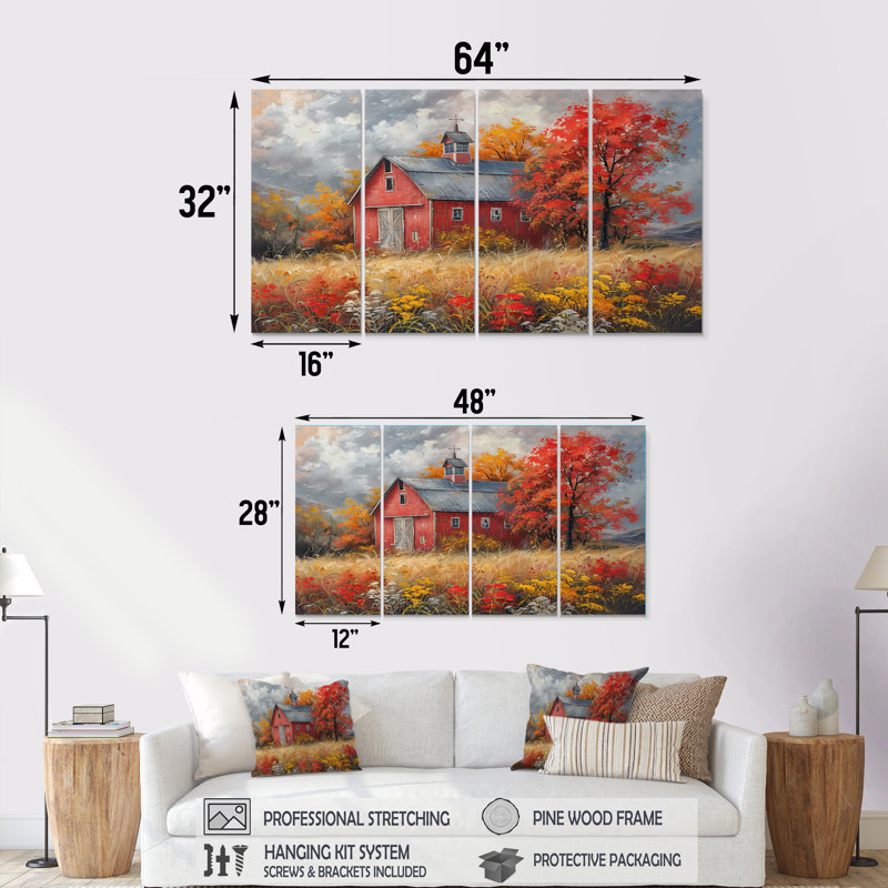 Ensemble de salon art mural d'automne avec grange rouge d'automne, H 32 po x l 64 po