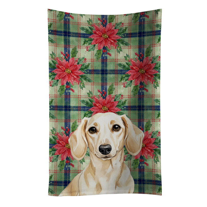 Cream Dachshund Christmas PoinsettIas Kitchen Towel, Cream Dachshund