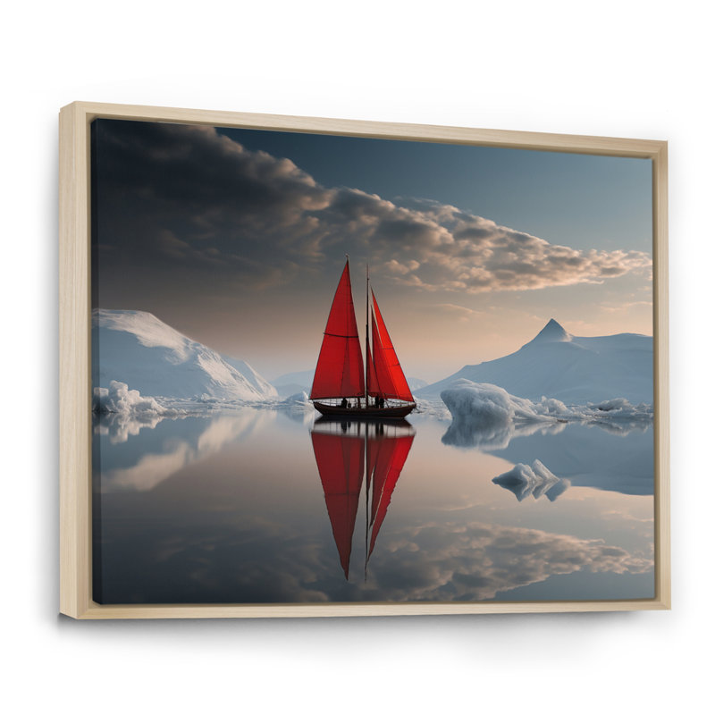 Voilier rouge arctique - impression sur toile, Cadre naturel flottant, H 24 po x l 32 po x P 1 po
