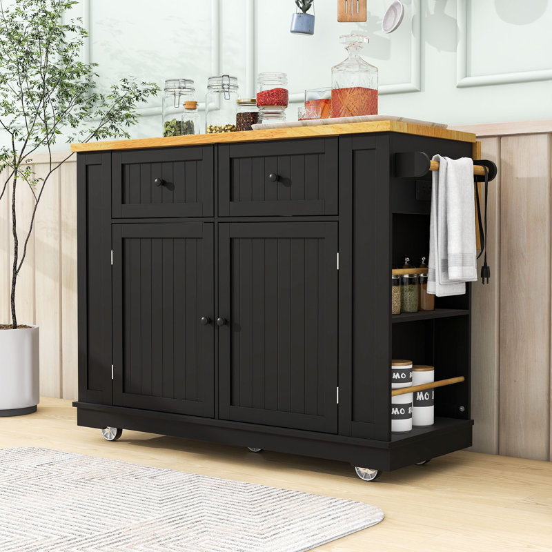 48 inch Kitchen Island with Drop Leaf,Power Outlet and 5 Open Side Racks, Black
