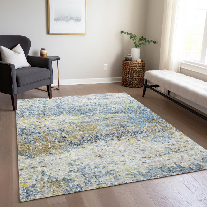 Blue and Beige Rectangular Washable Synthetic Rug