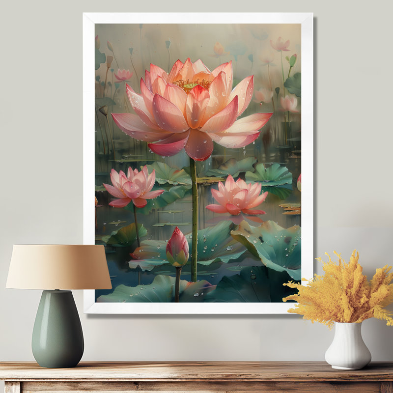 Rose rose vert sacré Bloom S - décoration murale Lotus, Toile tendue, H 24 po x l 32 po