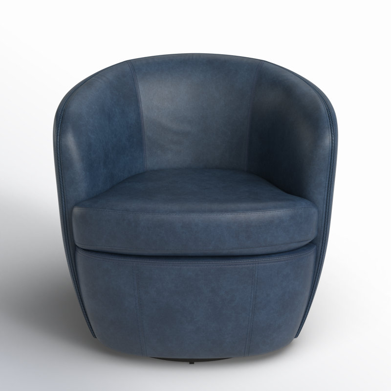 Fauteuil demi-tonneau pivotant 100% cuir italien Crandell, Cuir véritable galet bleu marine rétro