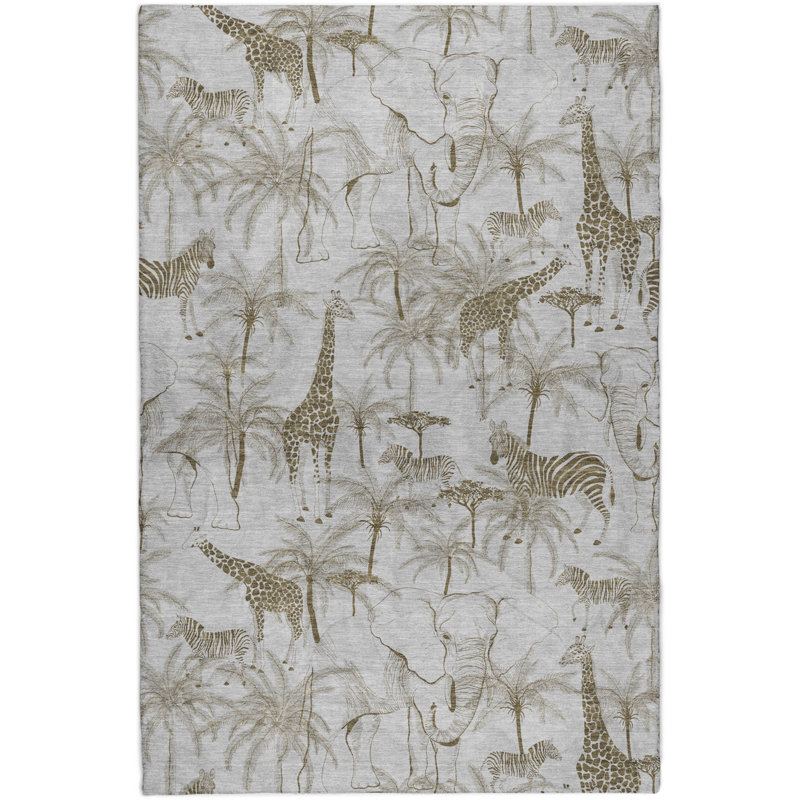 Premium Machine Washable Dream Shag ADS202 Palms and Safari Animals Rug, 9' x 12'