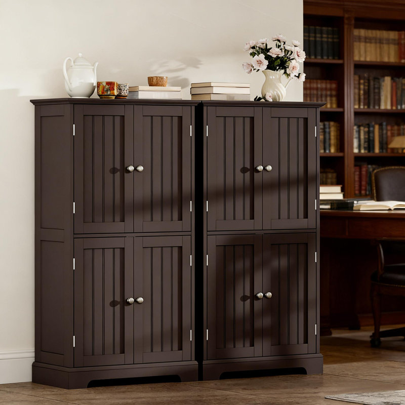 Modern 4-Door Bathroom Floor Storage Cabinet With Adjustable Shelves, Freestanding Cupboard, Espresso