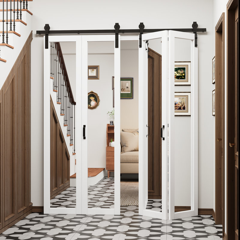 Mirrored Double bifold barn door 84'' Solid Manufactured Wood with Installation Hardware Kit, 50" x 84"